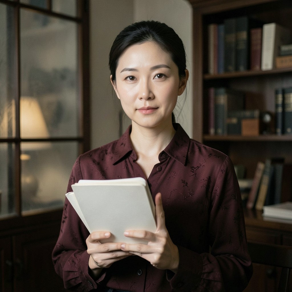 Portrait of a woman holding blank notebooks in the study