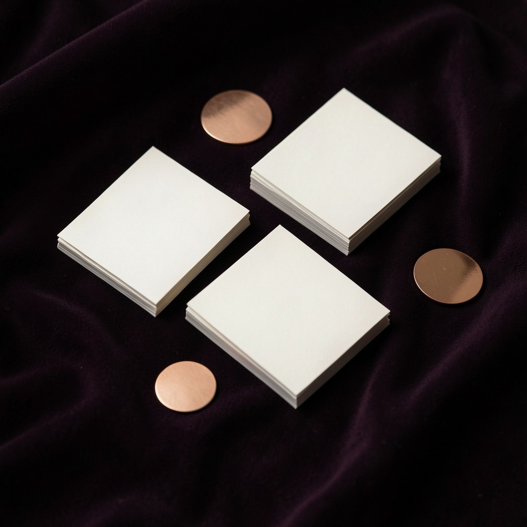 Uneven stacks of ivory cards and plain copper discs on dark cloth