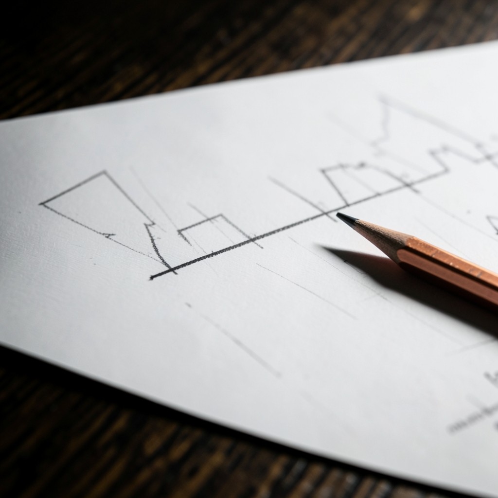 A pencil line drawn across a printed candlestick chart