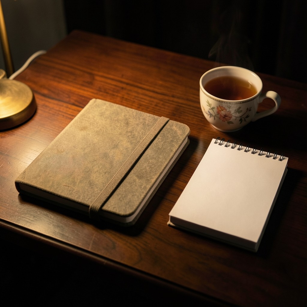 A closed notebook and a cup of tea on a desk at night