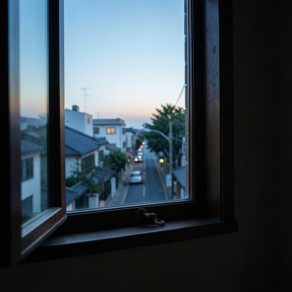 Dawn light through a study window with a dark wood frame