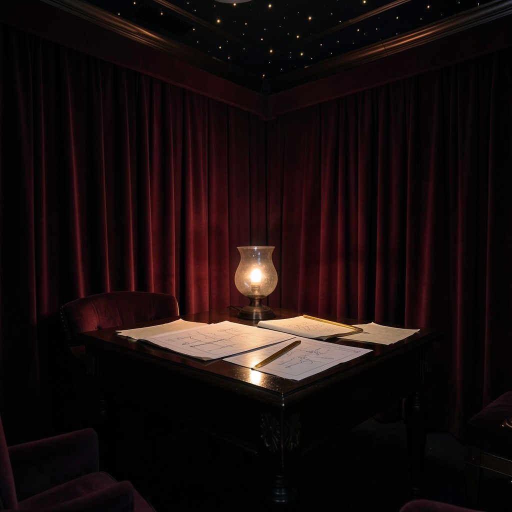 A dim chart room with velvet curtains, a lacquered table, and printed charts under a copper lamp