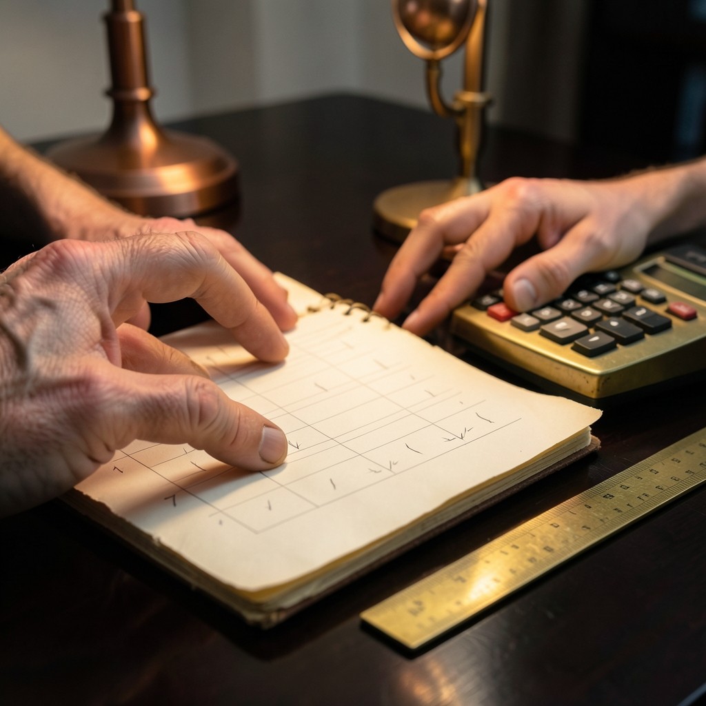 Hands working a paper ledger beside a mechanical calculator