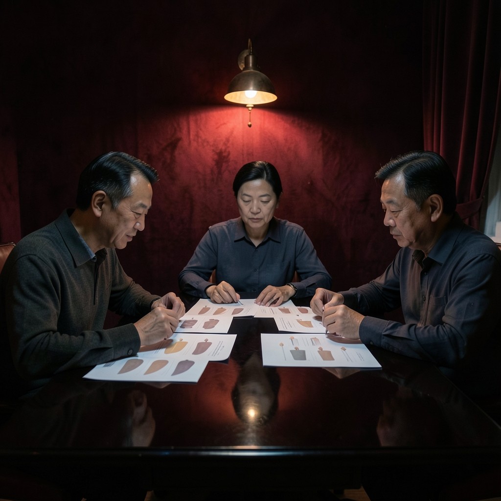 Three adults reviewing large printed charts around a dark wood table